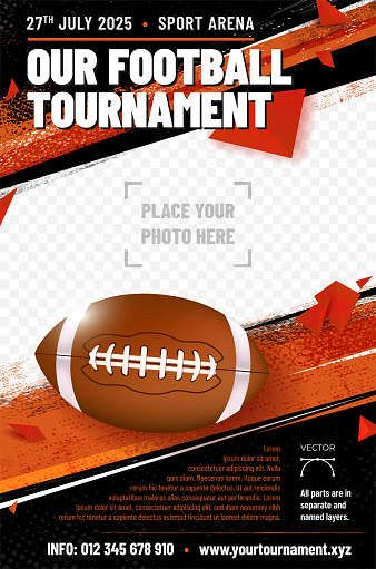 American football tournament poster template with ball, place for your photo and sample text in separate layer - vector illustration