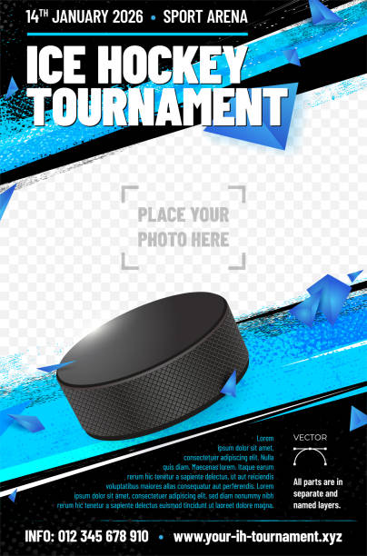 Ice hockey tournament poster template with puck Ice hockey tournament poster template with puck and place for your photo - vector illustration hockey stock illustrations