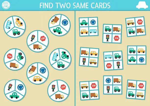 Vector illustration of Find two same cards with transport. Transportation matching activity for children. Educational quiz worksheet for kids for attention skills. Simple printable game with car, truck, road signs