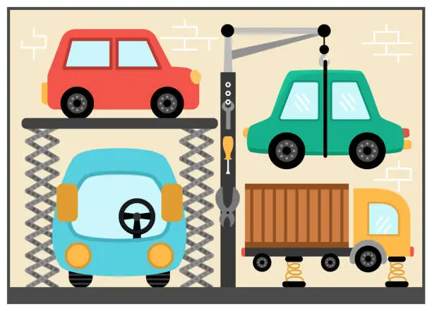 Vector illustration of Car service vector illustration for kids. Vehicle repair scene with cute bus and truck. Workshop with transport and instruments, tools. Garage with transportation standing on lift jacks