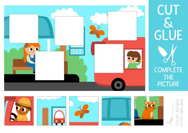 Vector illustration of Vector transportation cut and glue activity. Crafting game with cute city landscape, girl waiting on bus stop. Fun printable worksheet for kids. Find the right piece of the puzzle. Complete the picture