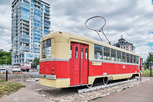 Kazan, Russia - June 8, 2023: Vintage tram on Peterburgskaya street. The RVZ-6 vagon was produced by the Riga Car Building Plant, 1991-1987. Rear view. Tram Museum outdoors. Cityscape