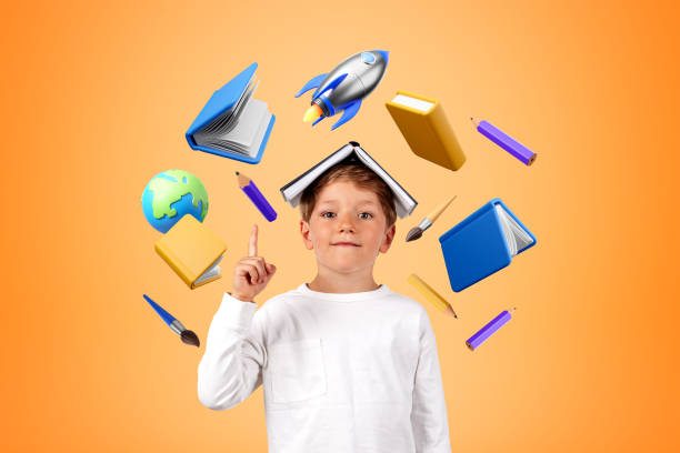 istock Boy with book on head and school icons 1564958384