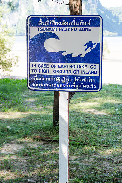istock Tsunami warning sign on the beach 156496047