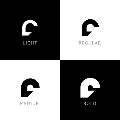 Cyber font, rounded digital alphabet, set of four different thickness trendy modern letter F for your logo design, vector illustration 10EPS