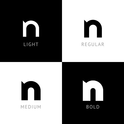 Cyber font, rounded digital alphabet, set of four different thickness trendy modern letter N for your logo design, vector illustration 10EPS