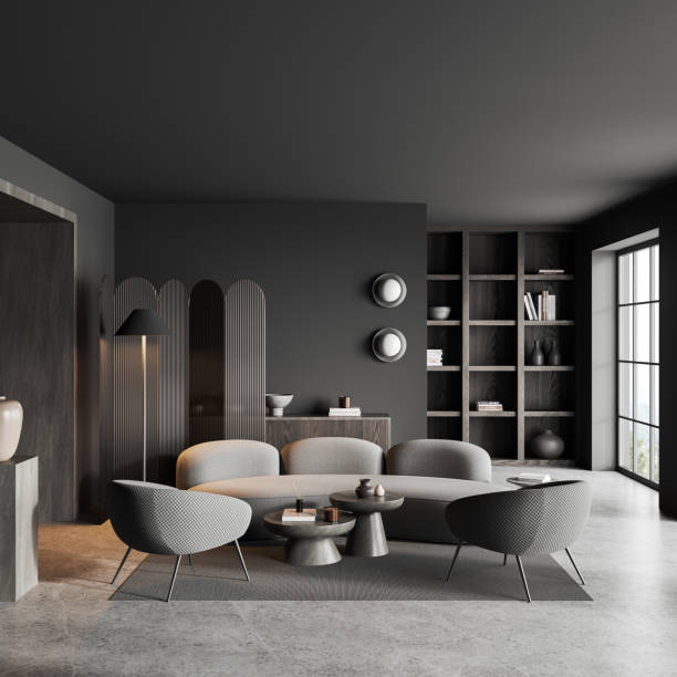 istock Gray living room interior with sofa, armchair and bookcase 1564978711