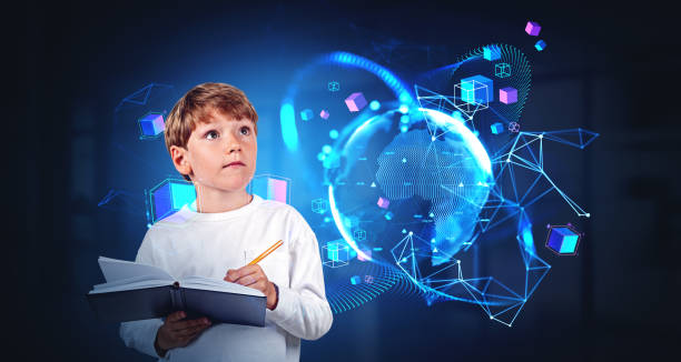 istock School kid with notebook, look up at earth sphere, virtual world 1564980347