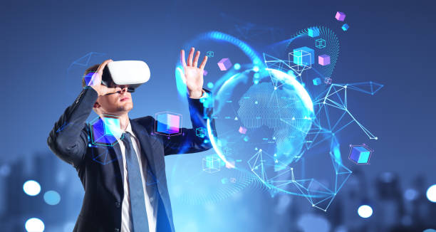 istock Businessman in vr headset hand touch earth globe, working in metaverse 1564982006