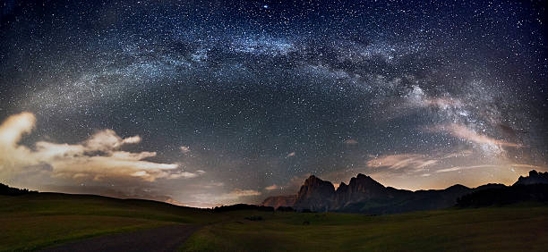 Stars over the mountains Starry sky in the mountains, photo taken at 2000 m (Dolomites, italian Alps): the entire visible arc of the Milky Way, our galaxy. astrophotography stock pictures, royalty-free photos & images