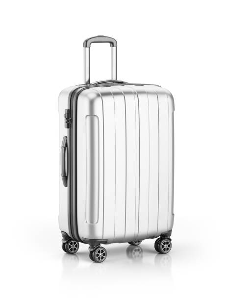 istock Stylish silver Suitcase on wheels isolated on white. Travel concept - suitcase 3d icon. 3d rendering 1565000013
