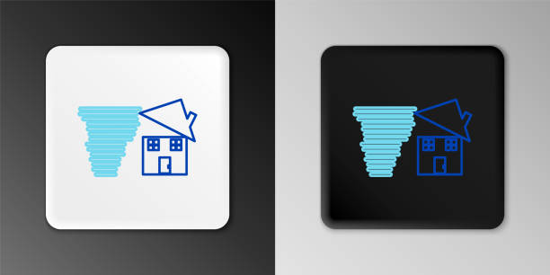 라인 토네이도 소용돌이는 회색 배경에 격리된 집 지붕 아이콘을 손상시킵니다. 사이클론, 회오리 바람, 폭풍 깔때기, 허리케인 바람 아이콘. 다채로운 개요 개념입니다. 벡터 - hurricane symbol cyclone square shape stock illustrations