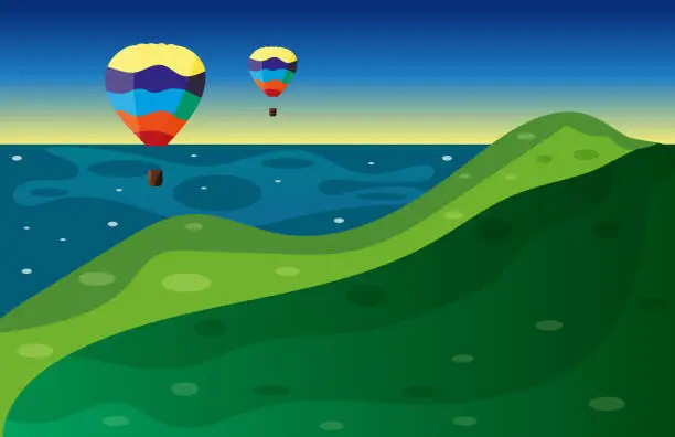 Vector illustration of Sunset on the sea. Summer tropical landscape with sunny mountains and balloons. Seaside landscape, outdoor recreation, ocean or sea coast. Vector illustration .