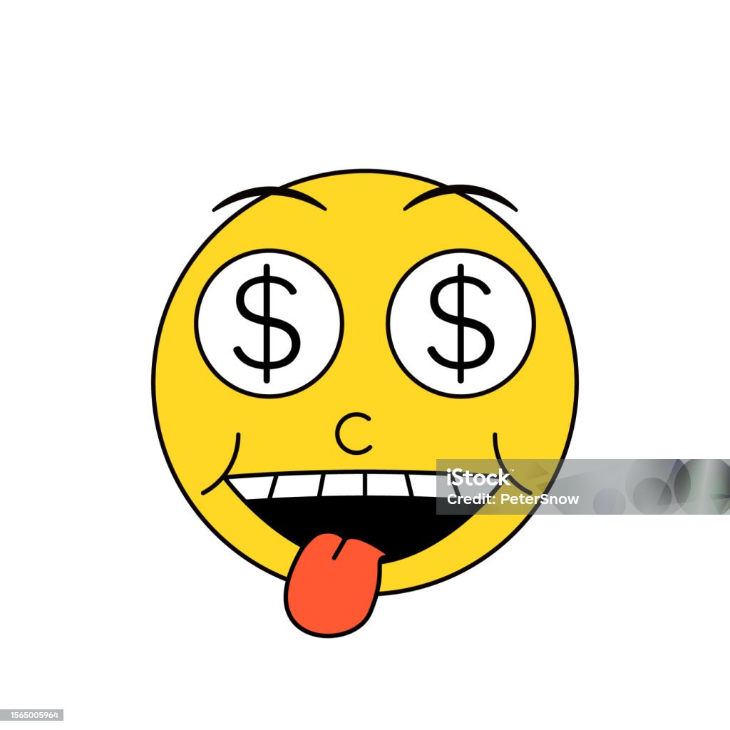 Vintage Retro Cute Emoticon Hypnotized With Money Vector Character