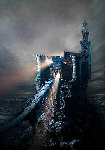 istock Dark castle on an isolated island with waves crashing around 156501366