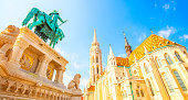 Panoramic view of Budapest old town, St Matthias Church on a background, Hungary