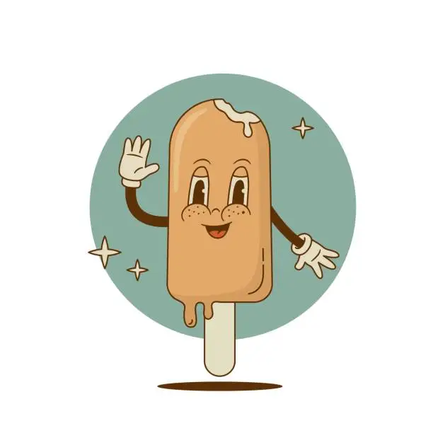 Vector illustration of Retro cartoon funny Ice cream on stick character, cute mascot.