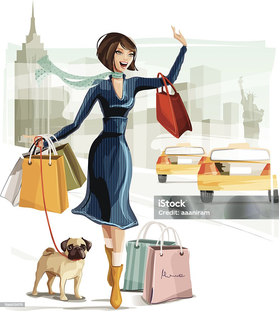 Shopping in New York Illustration of a young woman shopping in New York with a dog. Woman, dog and background are grouped and layered separately. Women stock vector