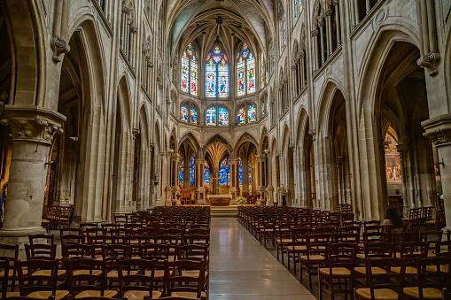 Looking down the nave of the beautiful Church of Saint-Séverin. It is considered to be one of the most beautiful churches in Paris.