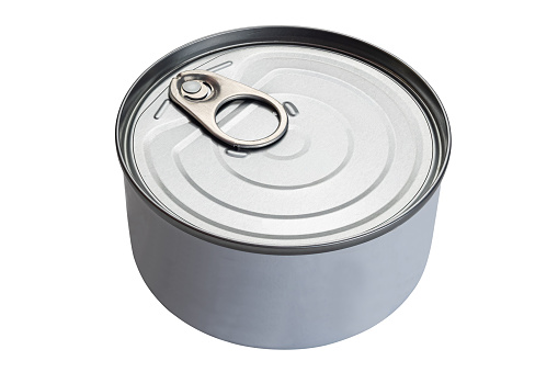 High angle view of metal tin container without lebel of tuna fish isolated on white background with clipping path.