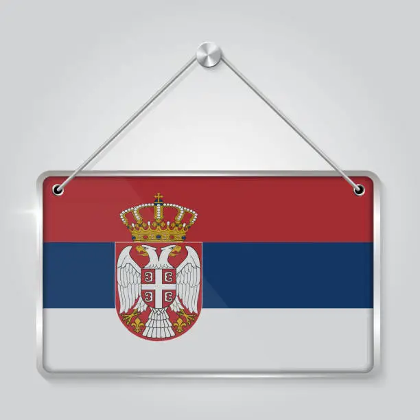 Vector illustration of Serbia flag pennant hanging on the rope, rectangle hanging