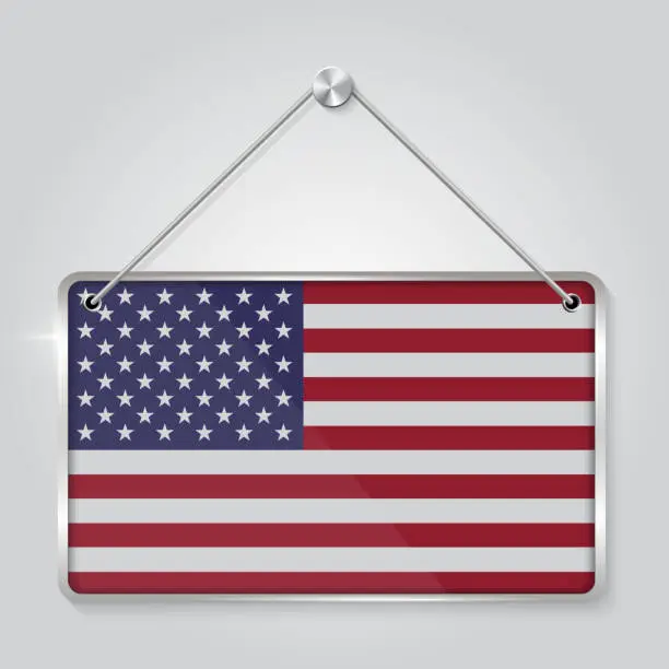 Vector illustration of United States of America flag pennant hanging on the rope, rectangle hanging