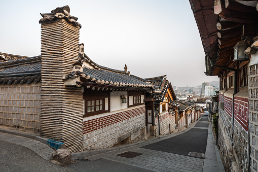 Bukchon Hanok Village is an old traditional Korean neighborhood without tourists.