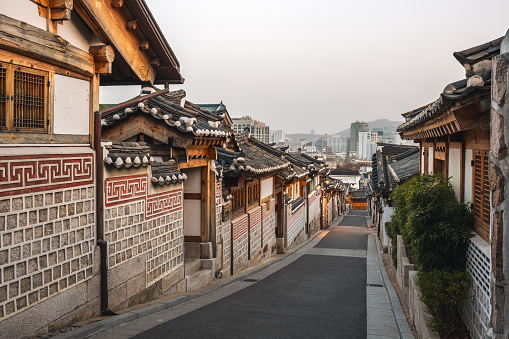 Bukchon Hanok Village is an old traditional Korean neighborhood without tourists.