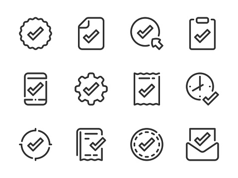 Checkmark and Acceptance vector line icons. Check, Tick and Approve outline icon set.