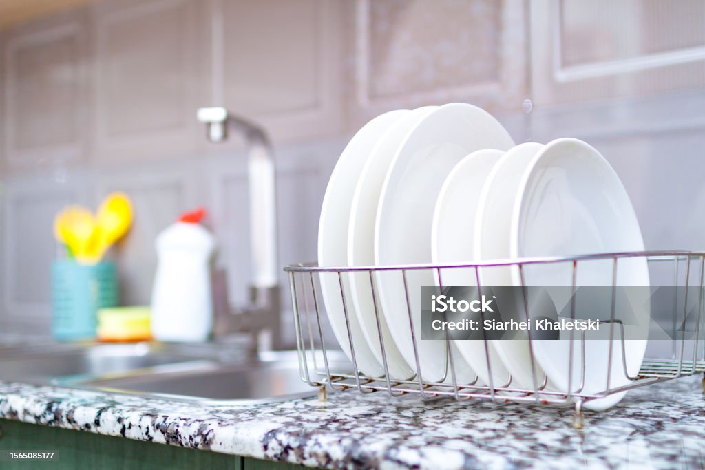 Clean Plates Rims Kitchen Clean Plates In Dish Drying Rack On The Table On Kitchen Counter ...
