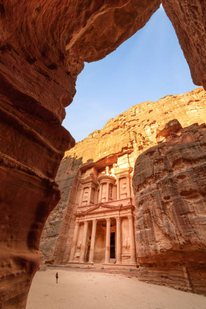 Scenic aerial view of the old architecture with stoned building in the cliff at Petra town, Jordan, Middle East