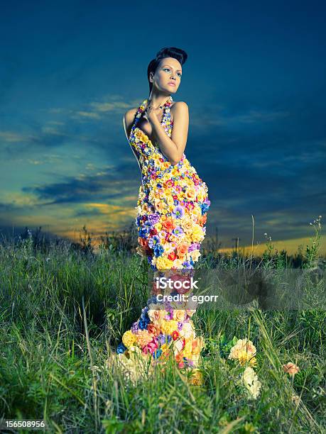 Beautiful Lady In Dress Of Flowers Stock Photo - Download Image Now - 20-24 Years, 20-29 Years, Adult