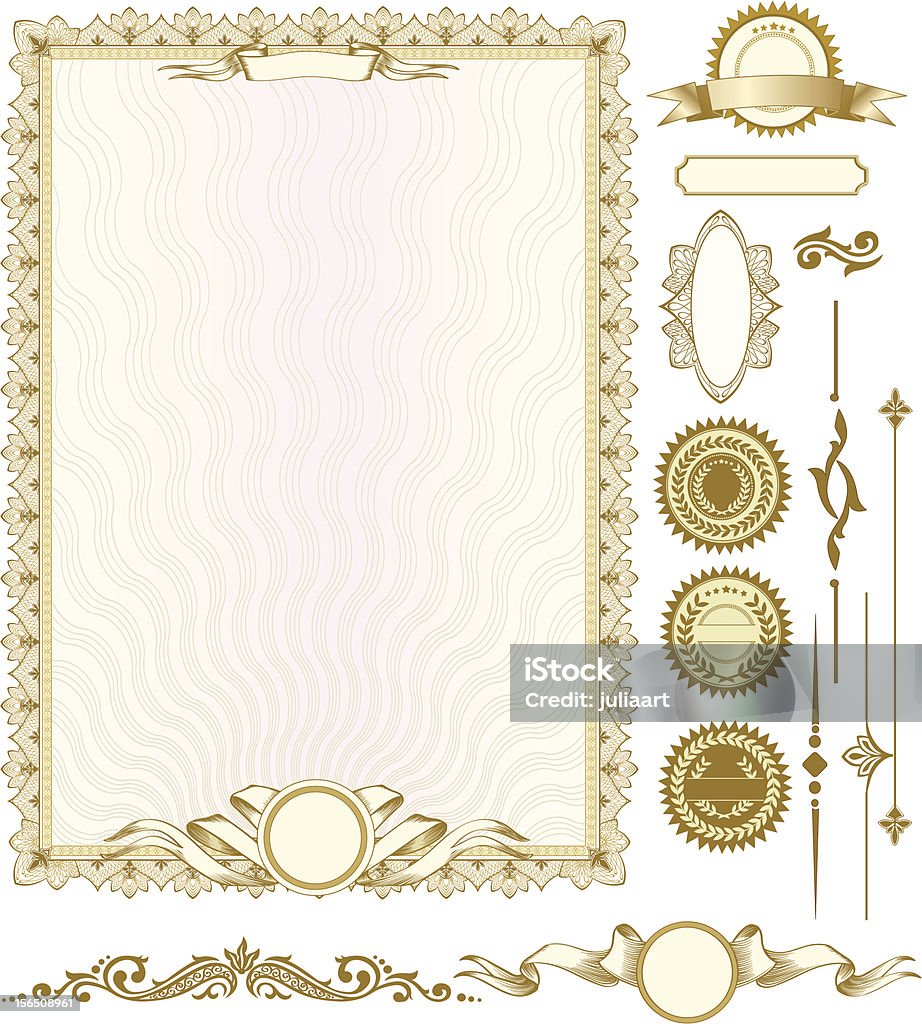 Gold vertical modèle de certificat avec d'autres éléments de design - clipart vectoriel de Certificat libre de droits