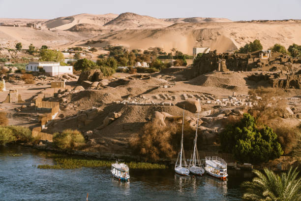 Beautiful nature of the coastline of the Nile river called First Cataract, Aswan, Egypt