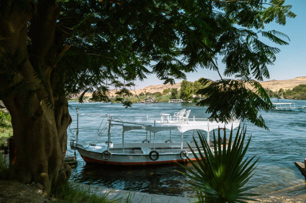 An Egyptian rowboat that is used for fishing on the bank of the nile river north of Aswan, Egypt.