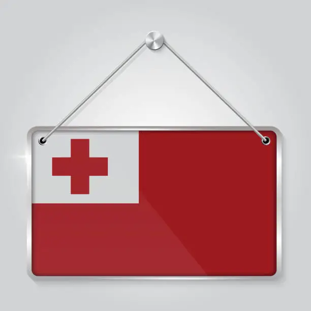 Vector illustration of Tonga flag pennant hanging on the rope, rectangle hanging
