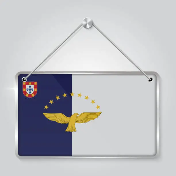 Vector illustration of Azores flag pennant hanging on the rope, rectangle hanging