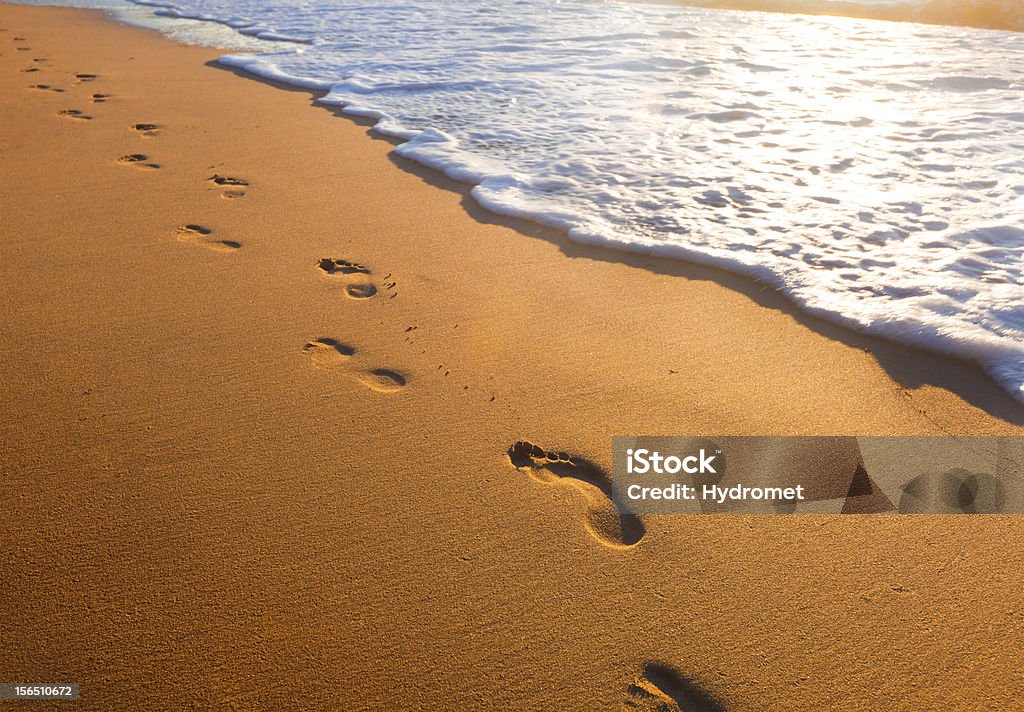 beach, wave and footsteps at sunset time Beach Stock Photo