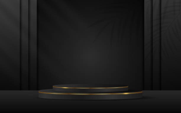 istock Black podium with elegant gold lines and leaf shadows on the back 1565132647