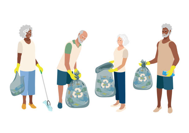 elderly people clean up plastic trash - 動畫 幅插畫檔、美工圖案、卡通及圖標