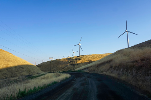 Wind turbines in hills south of Tri-cities Washington Columbia Basin region