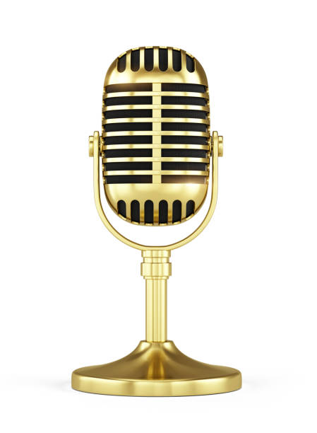 istock Retro gold concert vocal microphone with stand isolated on white Background. Webinar or Karaoke concept. 3d rendering icon of microphone. 1565149380
