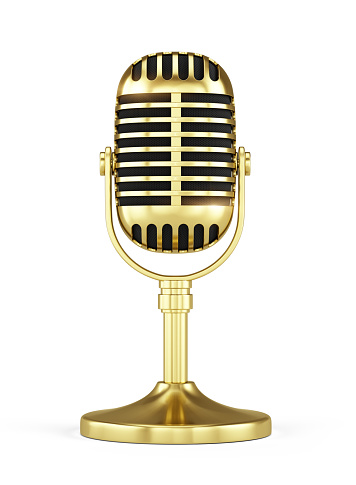 Retro gold concert vocal microphone with stand isolated on white Background. Webinar or Karaoke concept. 3d rendering icon of microphone.