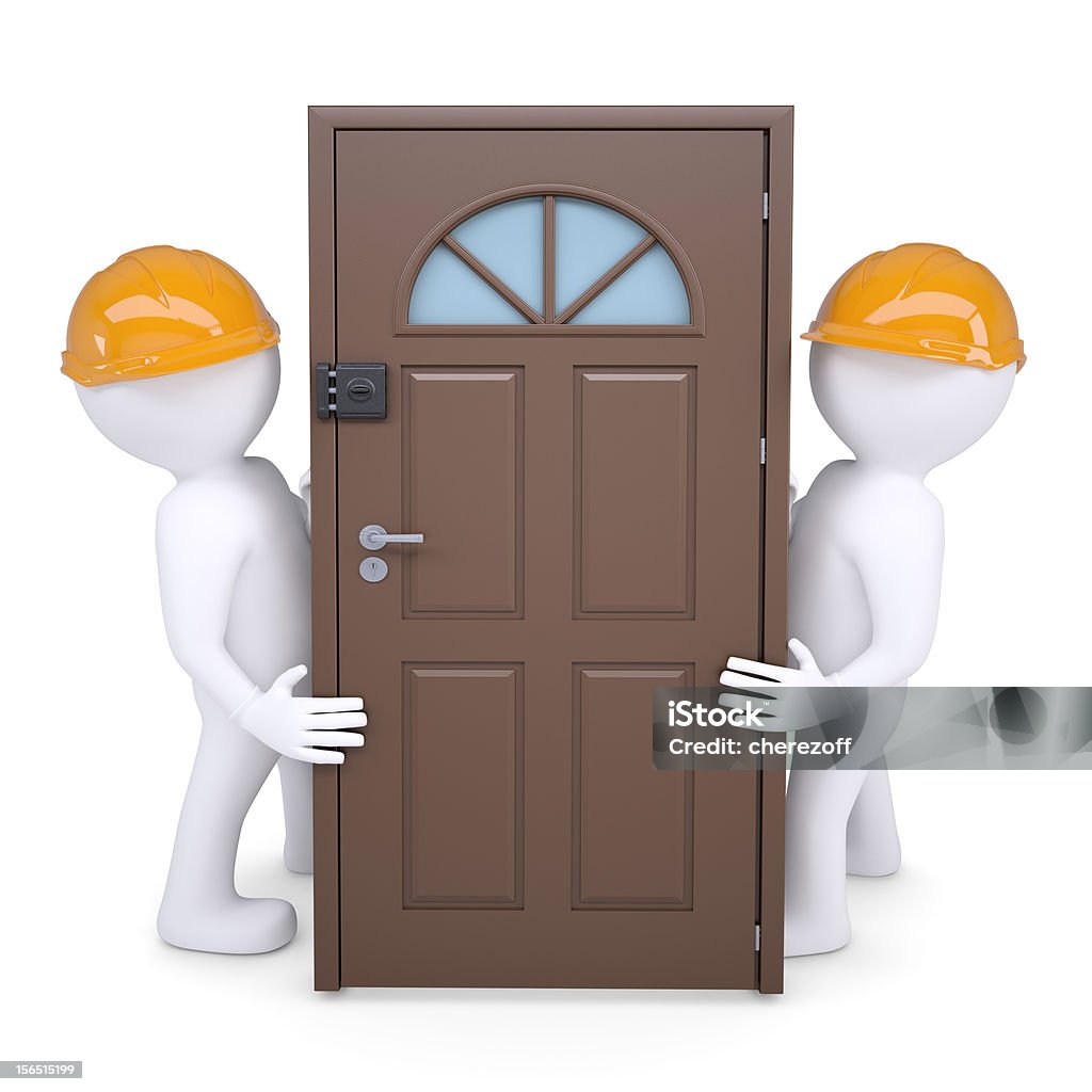 Двух человек удерживать дверь в их касок - Стоковые фото Белый роялти-фри