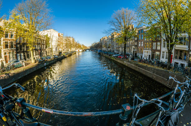 Amsterdam, the Netherlands - November 18, 2018: Fish eye view of streets and canals in the famous Canal District of Amsterdam, the Netherlands