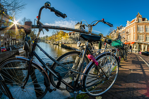 Amsterdam, the Netherlands - November 18, 2018: Fish eye view of streets and canals in the famous Canal District of Amsterdam, the Netherlands