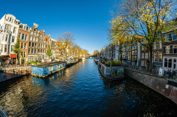 Amsterdam, the Netherlands - November 18, 2018: Fish eye view of streets and canals in the famous Canal District of Amsterdam, the Netherlands