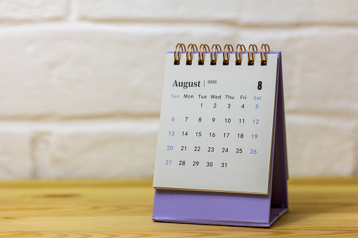 Desktop calendar for August 2023. Calendar for planning and managing each date