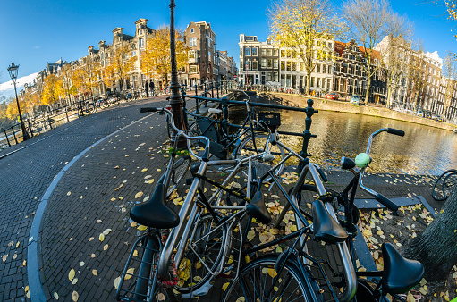 Amsterdam, the Netherlands - November 18, 2018: Fish eye view of streets and canals in the famous Canal District of Amsterdam, the Netherlands