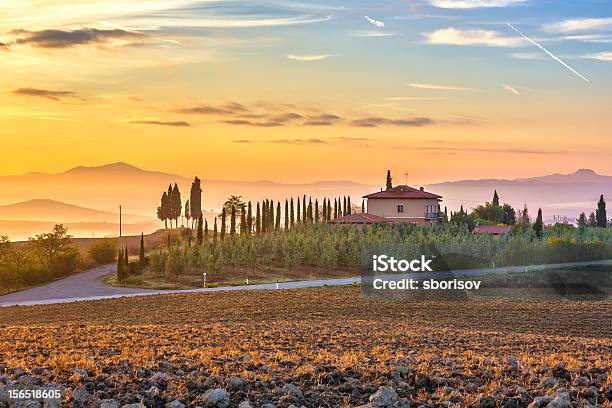 Paisagem Toscana Ao Nascer Do Sol - Fotografias de stock e mais imagens de Agricultura - Agricultura, Amanhecer, Ao Ar Livre